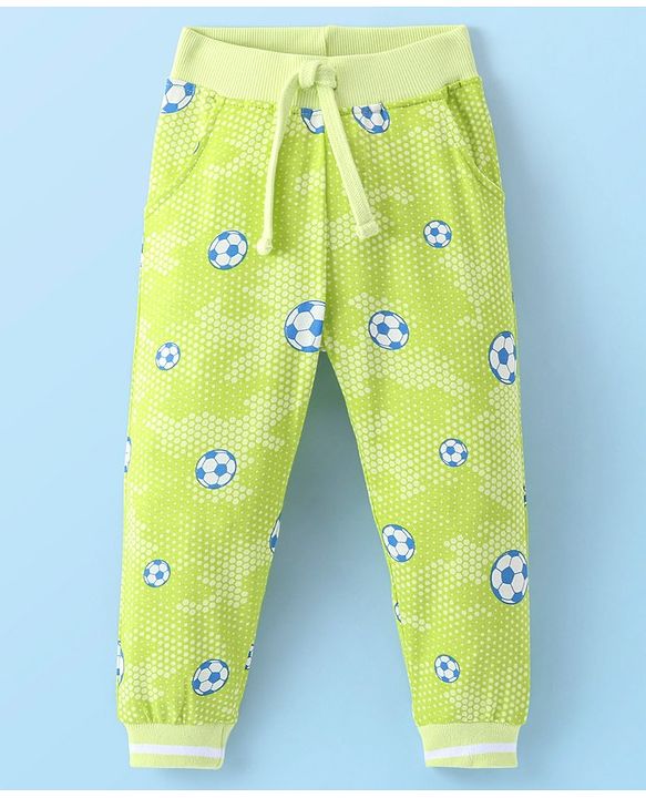 Babyhug Cotton Looper Knit Full Length Soccer Printed Lounge Pant - Lime Green