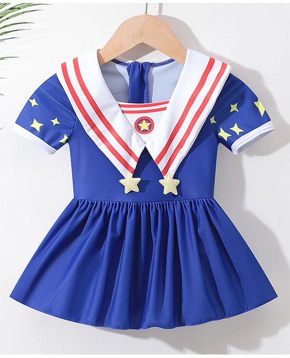 Babyhug Half Sleeves Frock Swimsuit Star Print & Applique - Blue