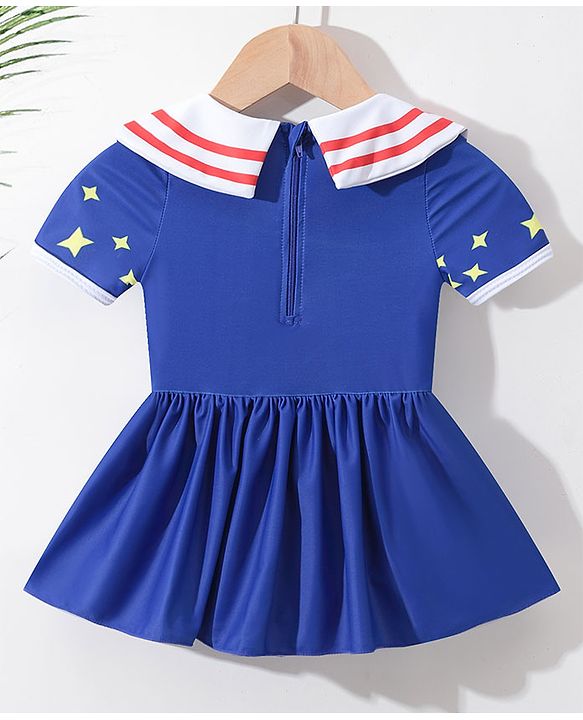 Babyhug Half Sleeves Frock Swimsuit Star Print & Applique - Blue