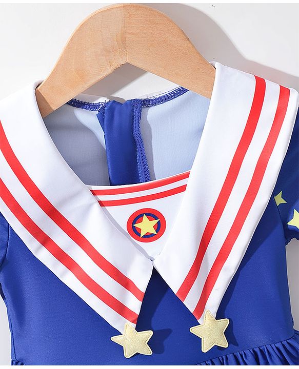 Babyhug Half Sleeves Frock Swimsuit Star Print & Applique - Blue