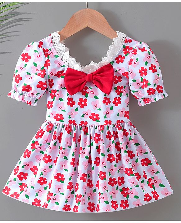 Babyhug Half Sleeves Frock Swimsuit Floral Print - Red