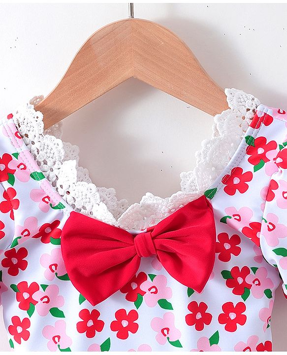 Babyhug Half Sleeves Frock Swimsuit Floral Print - Red