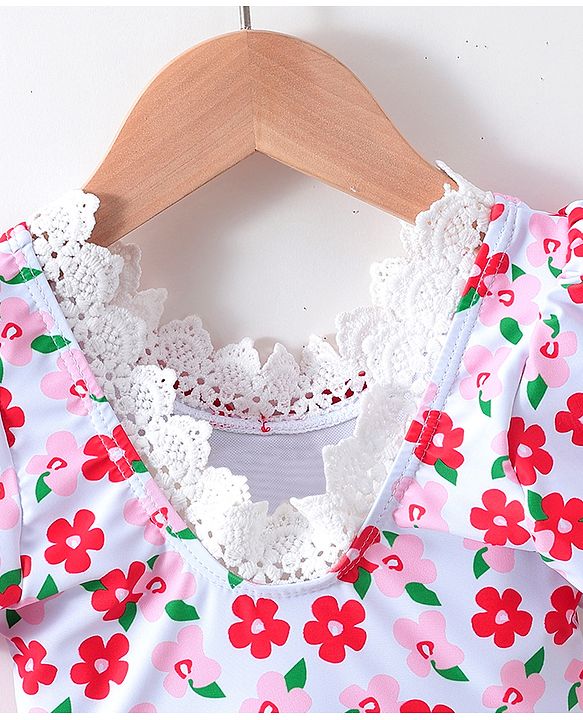 Babyhug Half Sleeves Frock Swimsuit Floral Print - Red
