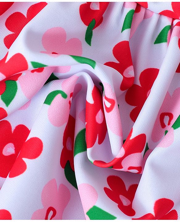Babyhug Half Sleeves Frock Swimsuit Floral Print - Red