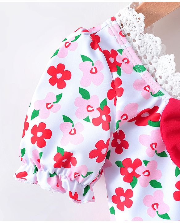 Babyhug Half Sleeves Frock Swimsuit Floral Print - Red