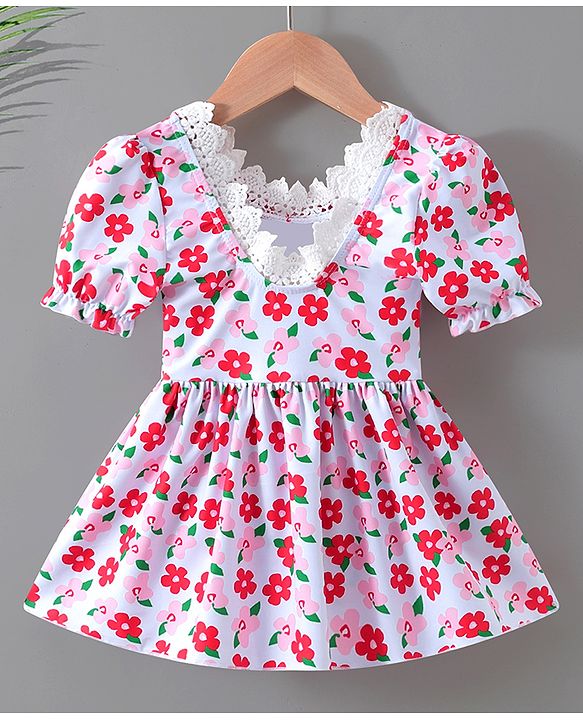 Babyhug Half Sleeves Frock Swimsuit Floral Print - Red