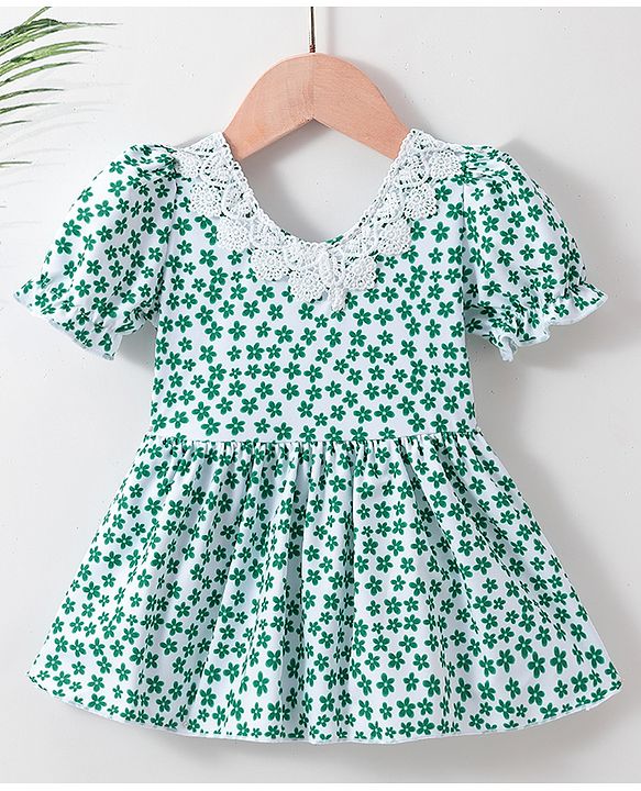 Babyhug Half Sleeves Frock Swimsuit Floral Print - Green