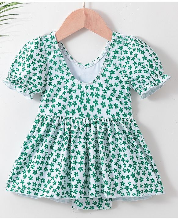 Babyhug Half Sleeves Frock Swimsuit Floral Print - Green