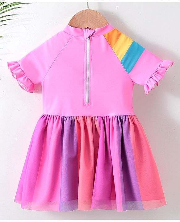 Babyhug Half Sleeves Frock Swimsuit Unicorn Print - Pink