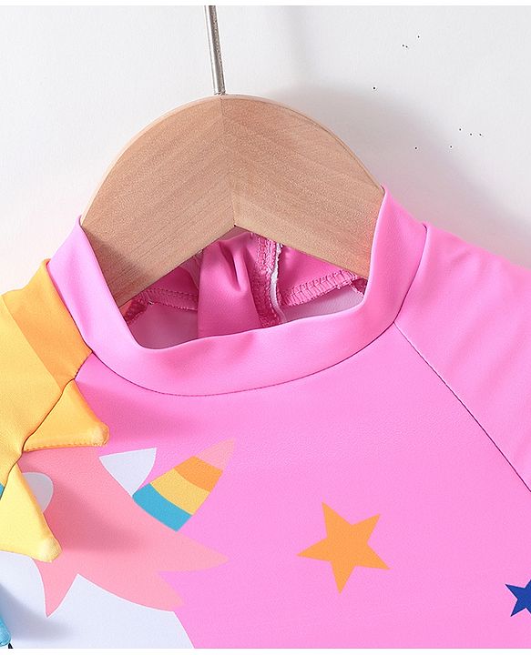 Babyhug Half Sleeves Frock Swimsuit Unicorn Print - Pink