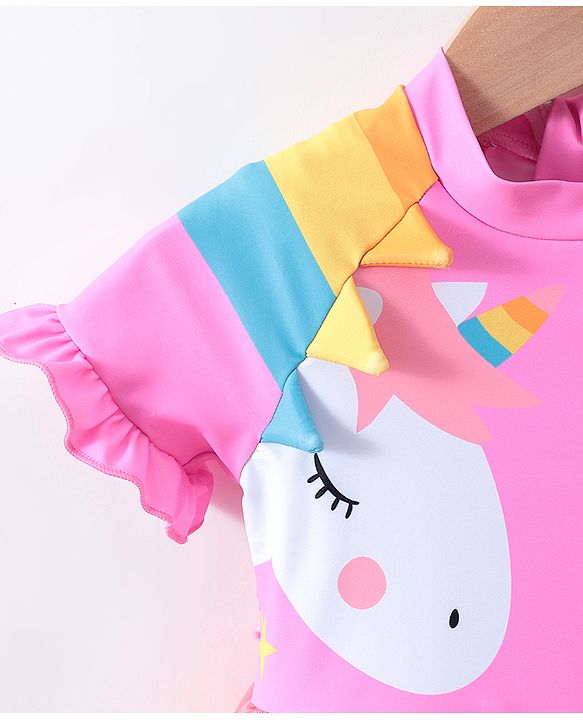 Babyhug Half Sleeves Frock Swimsuit Unicorn Print - Pink