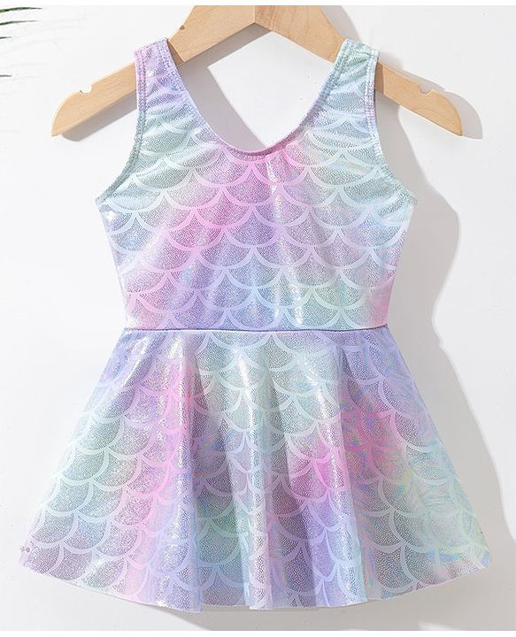 Babyhug Sleeveless Shell Print Frock Swimsuit With Bow Applique -Blue