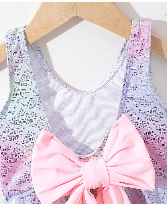 Babyhug Sleeveless Shell Print Frock Swimsuit With Bow Applique -Blue