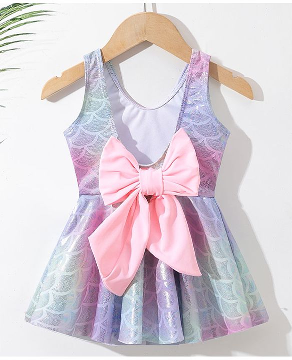 Babyhug Sleeveless Shell Print Frock Swimsuit With Bow Applique -Blue