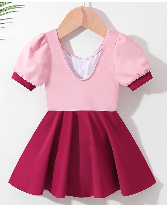 Babyhug Half Sleeves Solid Color Frock Swimsuit Bow Applique - Maroon