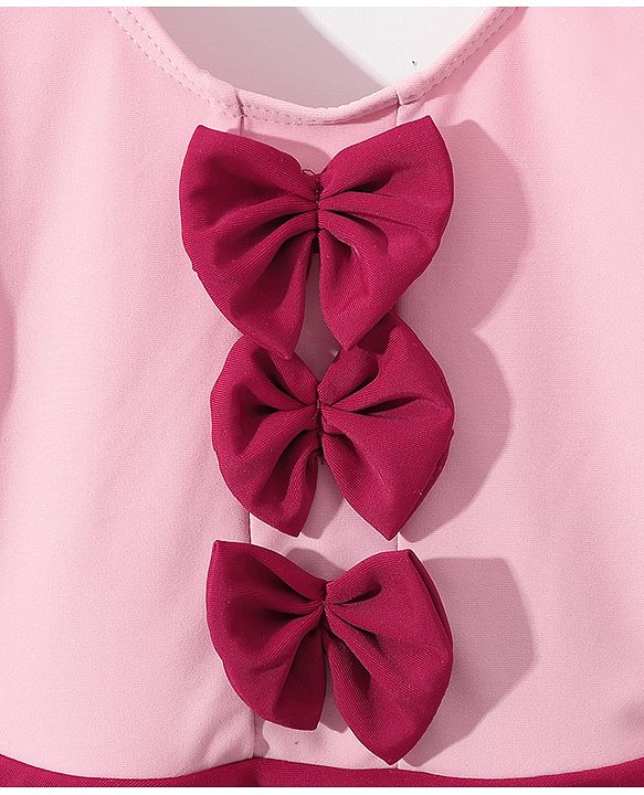 Babyhug Half Sleeves Solid Color Frock Swimsuit Bow Applique - Maroon