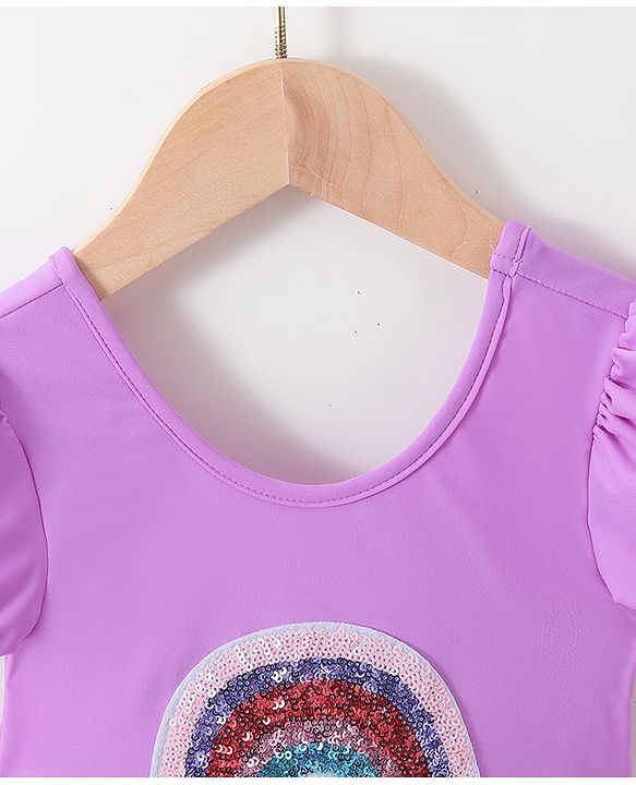 Babyhug Half Sleeves Sequined  Frock Swimsuit - Purple
