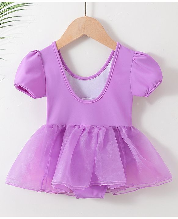 Babyhug Half Sleeves Sequined  Frock Swimsuit - Purple