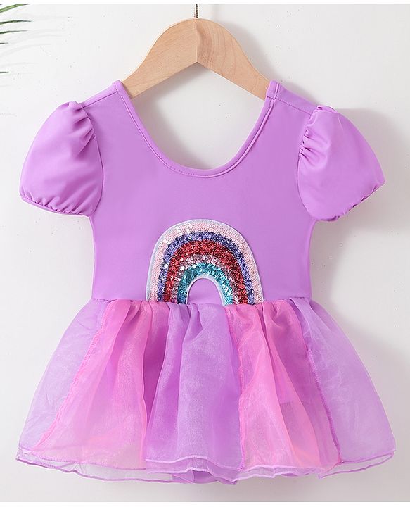 Babyhug Half Sleeves Sequined  Frock Swimsuit - Purple
