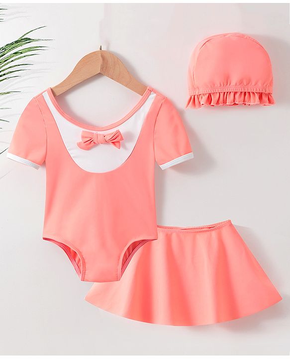 Babyhug Half Sleeves Frock Swimsuit with Cap - Pink