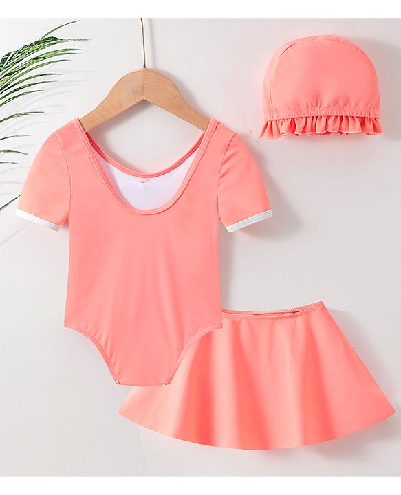 Babyhug Half Sleeves Frock Swimsuit with Cap - Pink