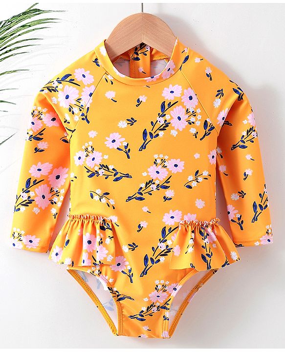 Babyhug Full Sleeves V Cut Swimsuit Floral Print - Yellow