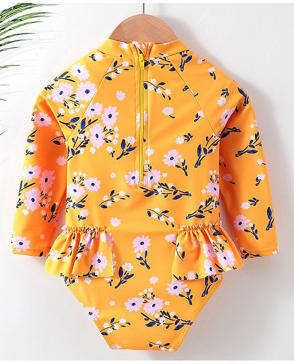 Babyhug Full Sleeves V Cut Swimsuit Floral Print - Yellow