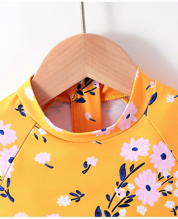 Babyhug Full Sleeves V Cut Swimsuit Floral Print - Yellow