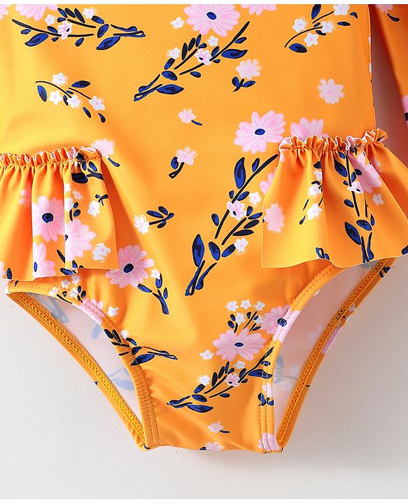 Babyhug Full Sleeves V Cut Swimsuit Floral Print - Yellow
