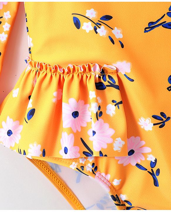 Babyhug Full Sleeves V Cut Swimsuit Floral Print - Yellow