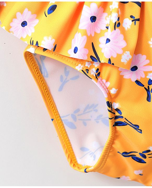 Babyhug Full Sleeves V Cut Swimsuit Floral Print - Yellow