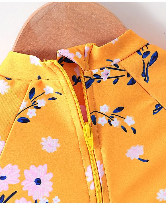 Babyhug Full Sleeves V Cut Swimsuit Floral Print - Yellow