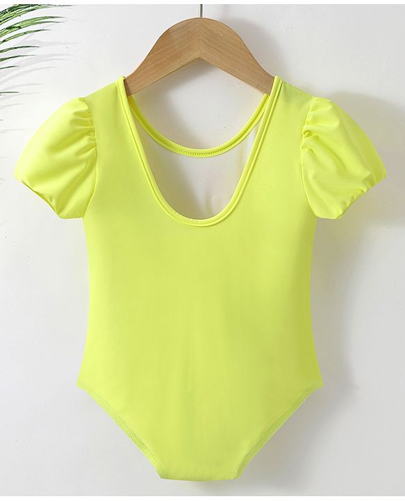 Babyhug Half Sleeves V Cut Swimsuit Bow Applique - Yellow
