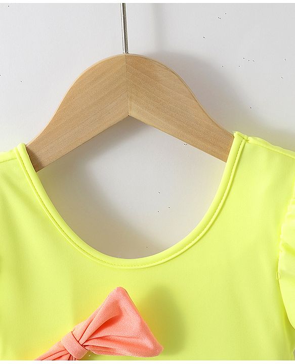 Babyhug Half Sleeves V Cut Swimsuit Bow Applique - Yellow