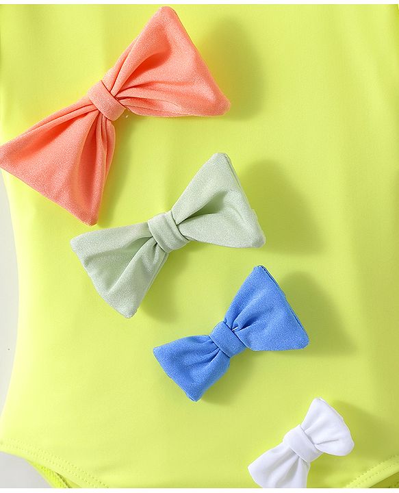 Babyhug Half Sleeves V Cut Swimsuit Bow Applique - Yellow