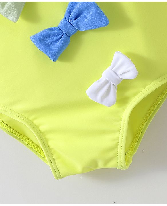 Babyhug Half Sleeves V Cut Swimsuit Bow Applique - Yellow