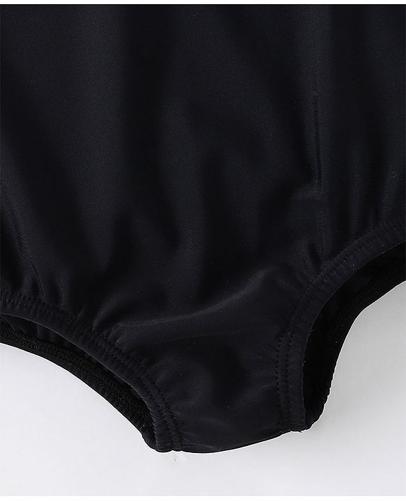 Babyhug Full Sleeves V Cut Swimsuit With Frill & Lace Applique - Black