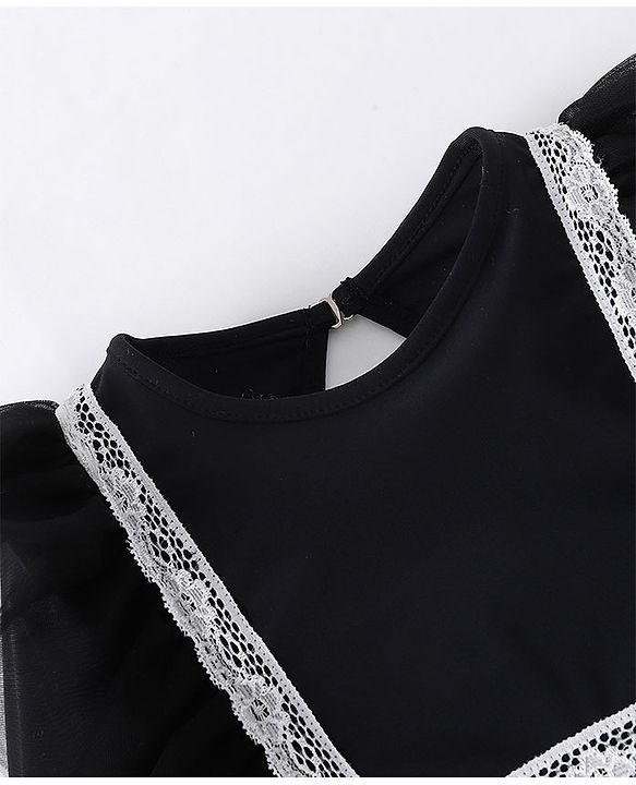 Babyhug Full Sleeves V Cut Swimsuit With Frill & Lace Applique - Black