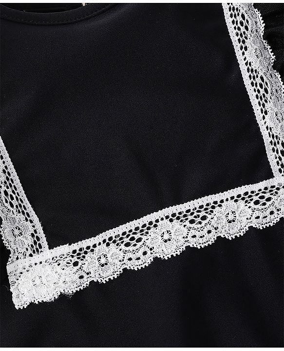 Babyhug Full Sleeves V Cut Swimsuit With Frill & Lace Applique - Black