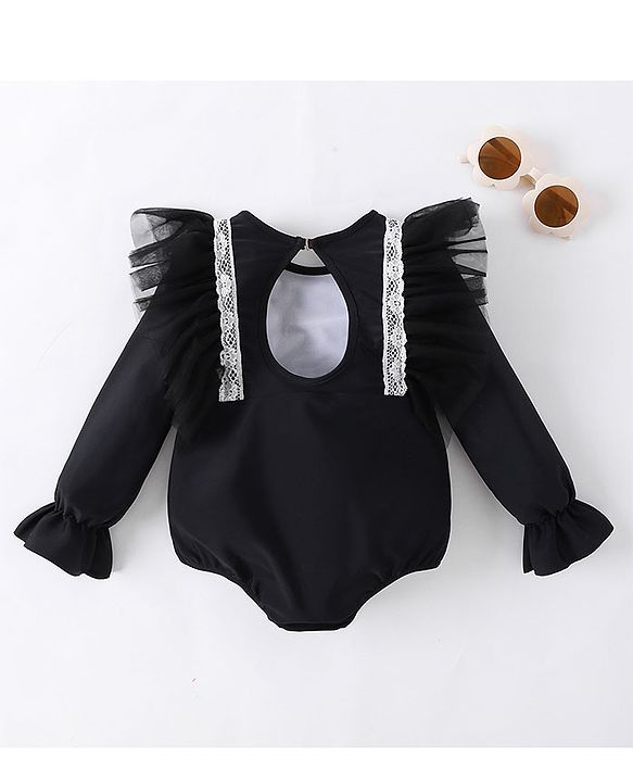 Babyhug Full Sleeves V Cut Swimsuit With Frill & Lace Applique - Black