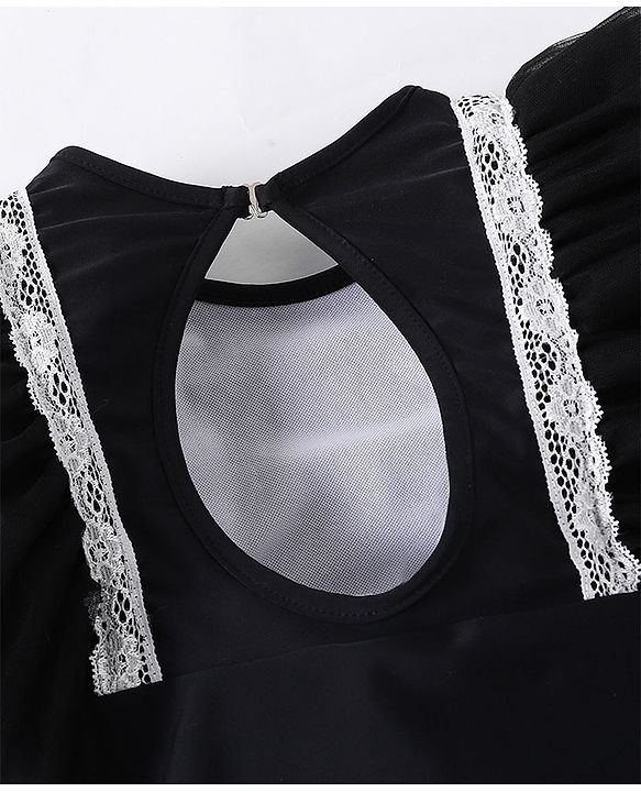 Babyhug Full Sleeves V Cut Swimsuit With Frill & Lace Applique - Black