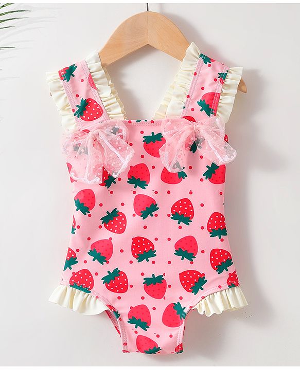 Babyhug Sleeveless V Cut Swimsuit With Frill & Bow Applique Strawberry Print - Pink