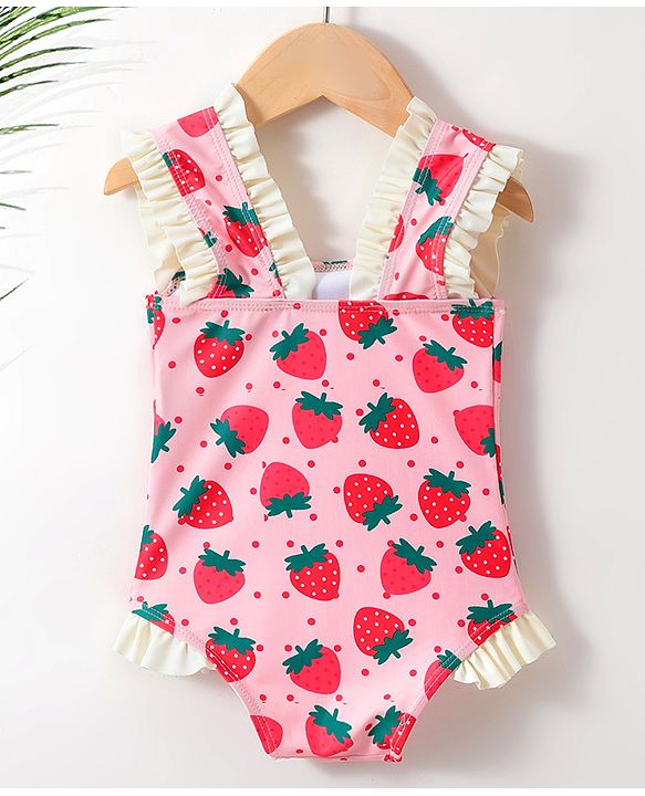 Babyhug Sleeveless V Cut Swimsuit With Frill & Bow Applique Strawberry Print - Pink