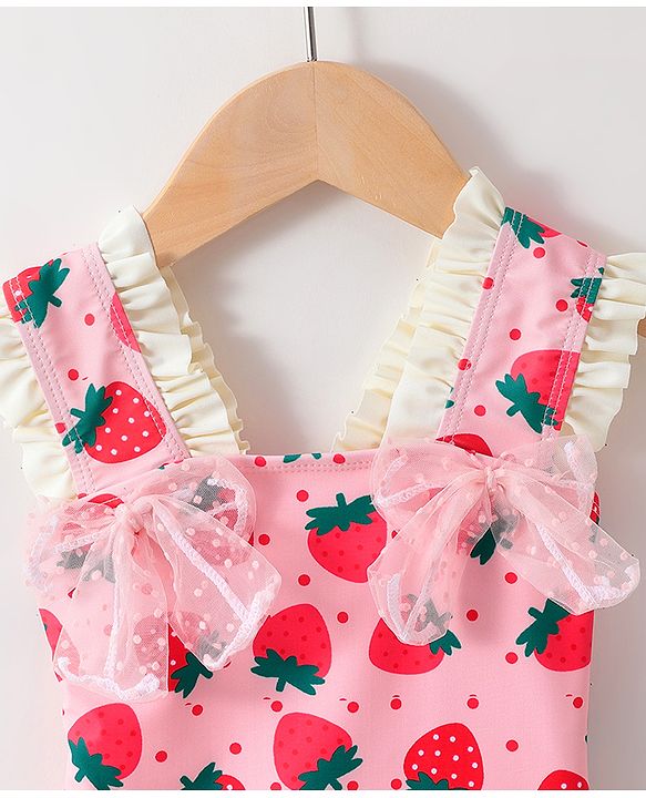 Babyhug Sleeveless V Cut Swimsuit With Frill & Bow Applique Strawberry Print - Pink