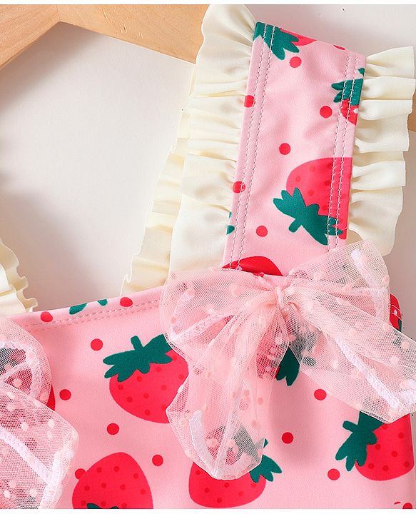 Babyhug Sleeveless V Cut Swimsuit With Frill & Bow Applique Strawberry Print - Pink