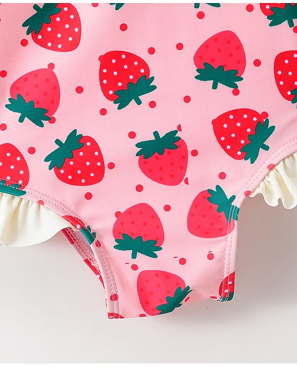 Babyhug Sleeveless V Cut Swimsuit With Frill & Bow Applique Strawberry Print - Pink