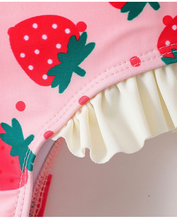 Babyhug Sleeveless V Cut Swimsuit With Frill & Bow Applique Strawberry Print - Pink