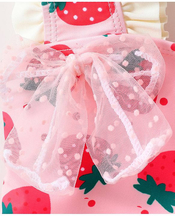 Babyhug Sleeveless V Cut Swimsuit With Frill & Bow Applique Strawberry Print - Pink