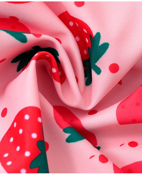 Babyhug Sleeveless V Cut Swimsuit With Frill & Bow Applique Strawberry Print - Pink