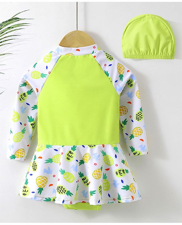 Babyhug Full Sleeves Frock Swimsuit with Cap Fruit Print - Green